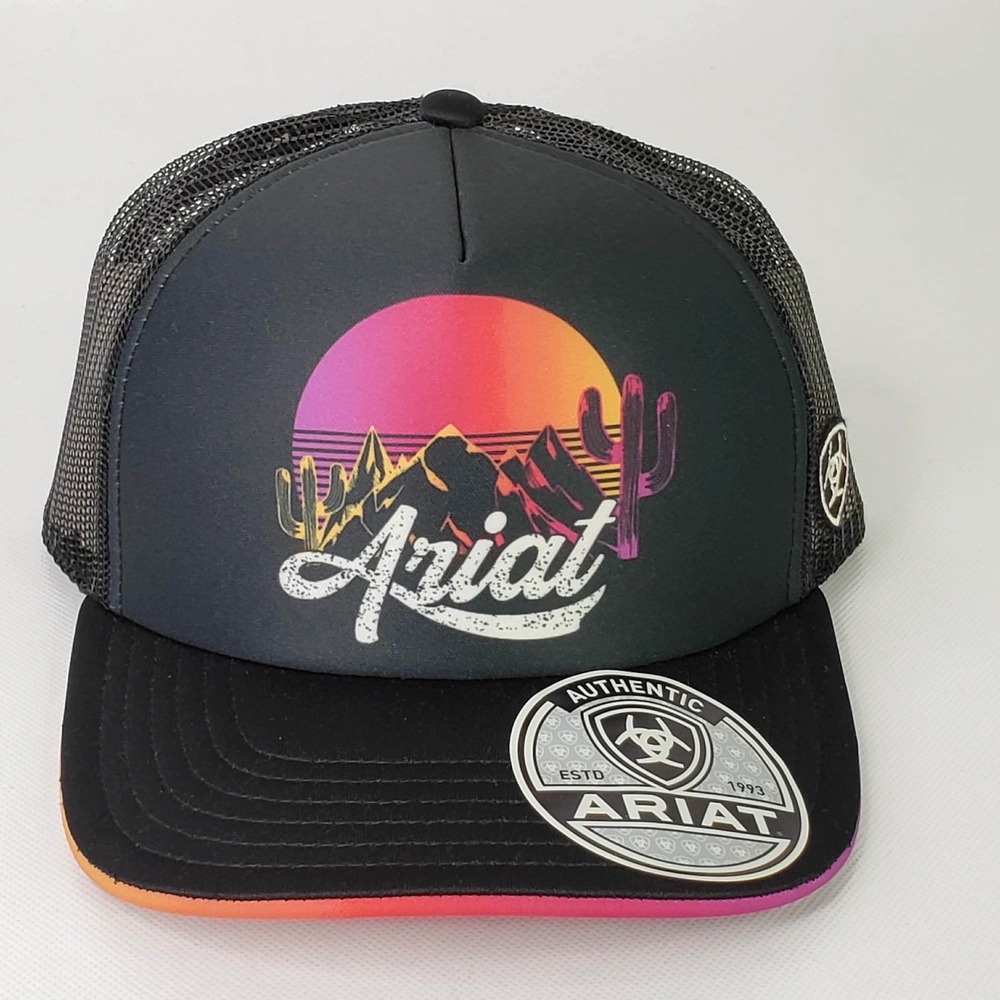 Ariat Trucker Hat Mens Snapback Adjustable Black New Sunset Desert Graphic